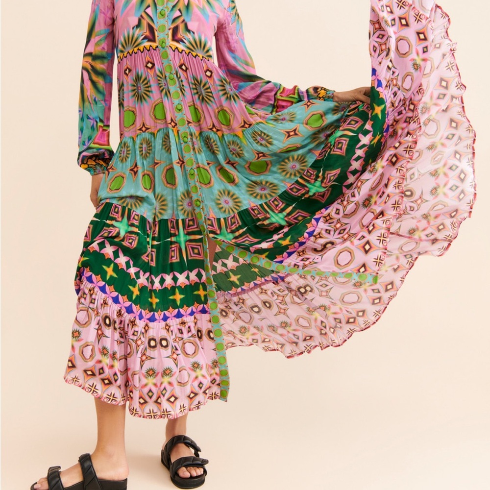 Anthropologie Siddharta Bansal Mixed Patterned Buttondown Maxi Dress XS